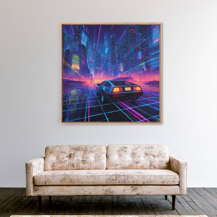 Retro Futuristic Car In Neon Cityscape Wall Art, Cyberpunk Sci Fi Canvas Print, Gaming Room Decor Modern Art