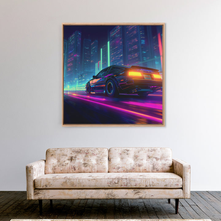 Neon Cyberpunk Sports Car Night Cityscape Wall Art Futuristic Sci Fi Urban Decor Gaming Room Canvas Print For Cool Office