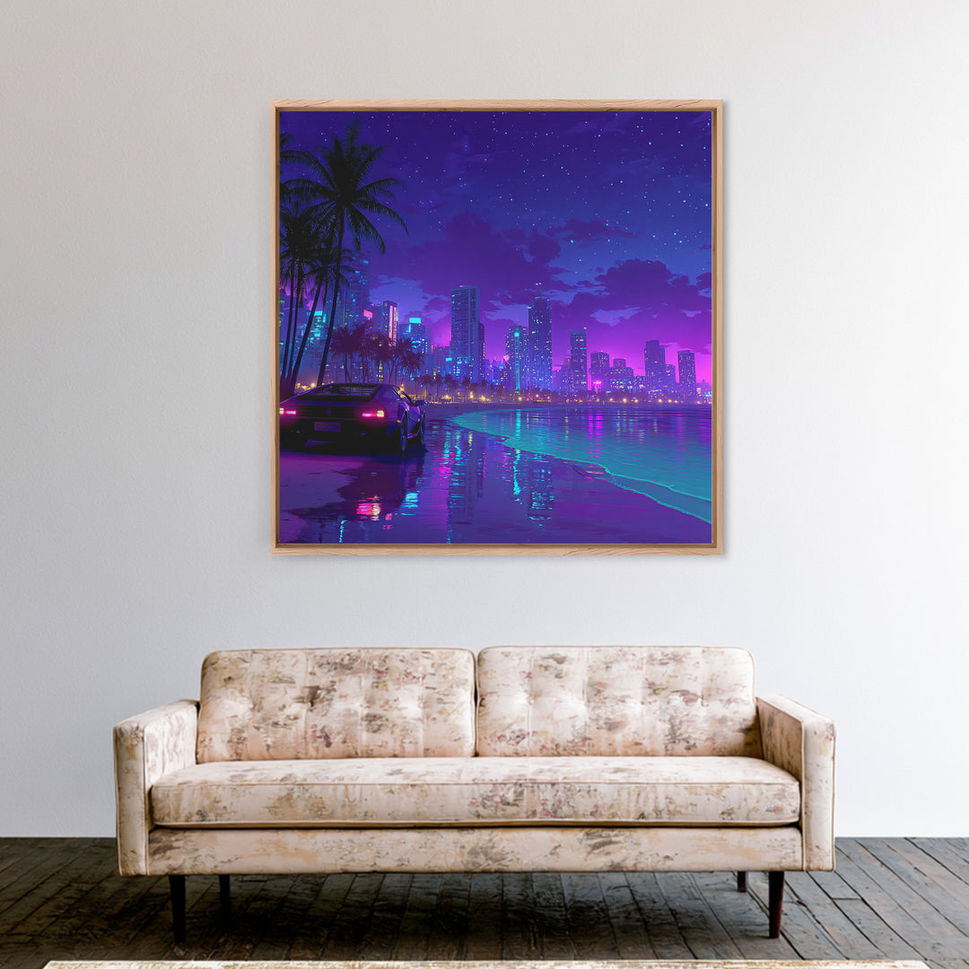 Neon Miami Night Cityscape Wall Art, Retro Futuristic Car On Beach, Cyberpunk Ocean Art, Gaming Room Decor Canvas Print