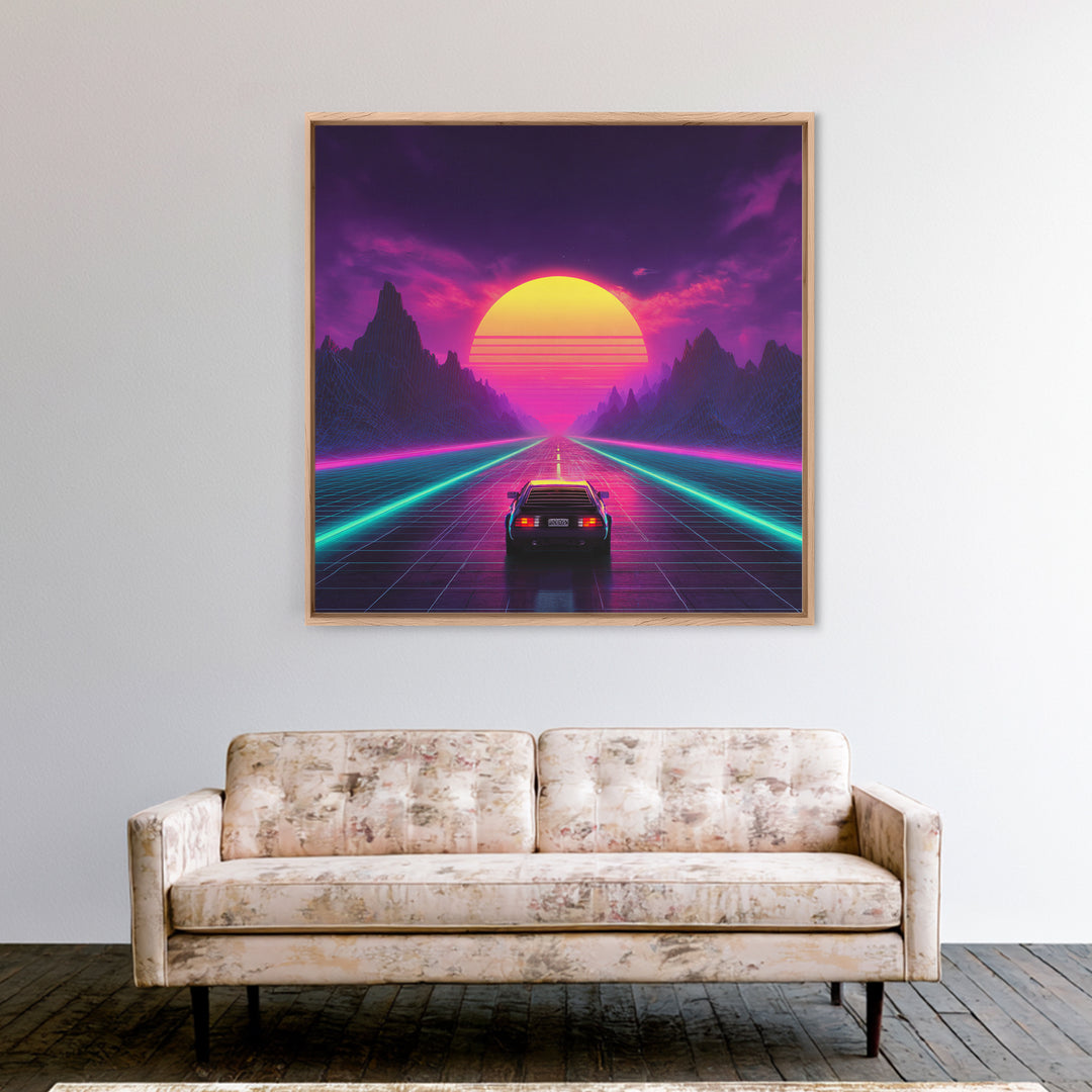 Retro Synthwave Sunset Highway Wall Art, Neon Car Landscape Canvas Print, Cyberpunk Futuristic Decor, Gaming Room Wall Art