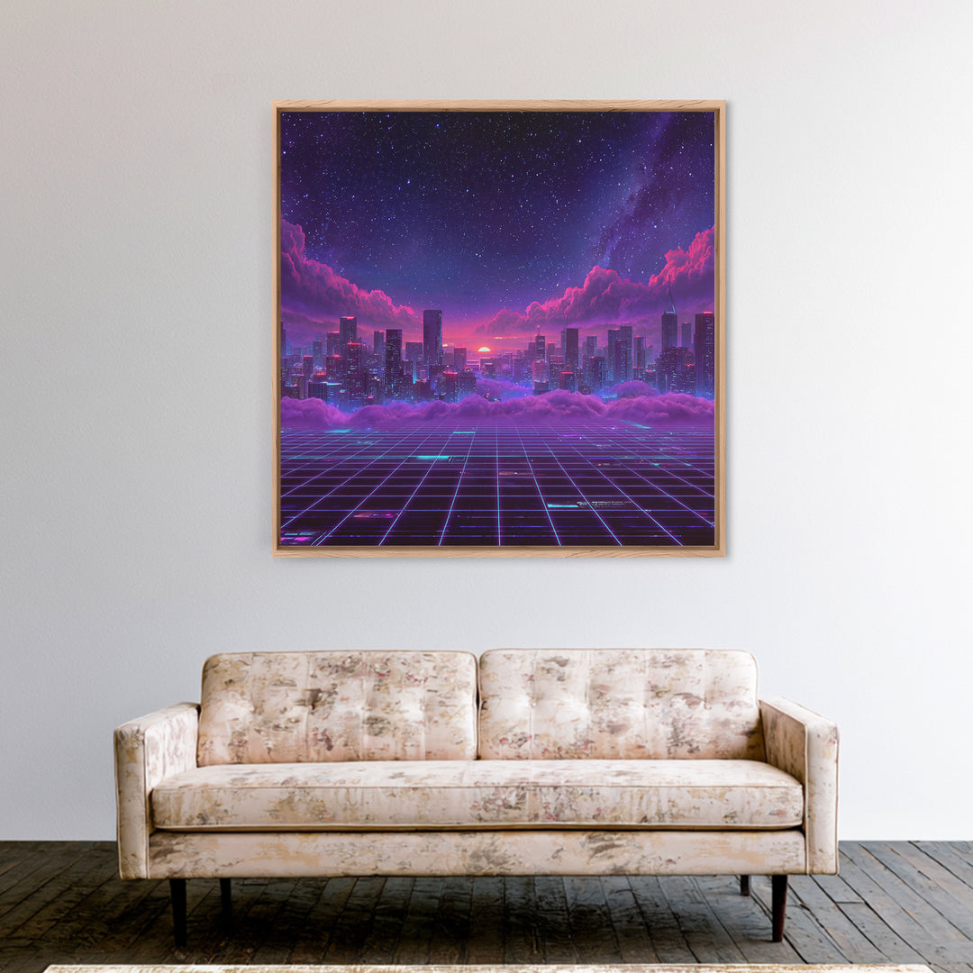 Neon Retro Futuristic Cityscape Wall Art, Vaporwave Sunset Skyline Canvas Print, Cyberpunk Room Decor, Gaming Office Artwork