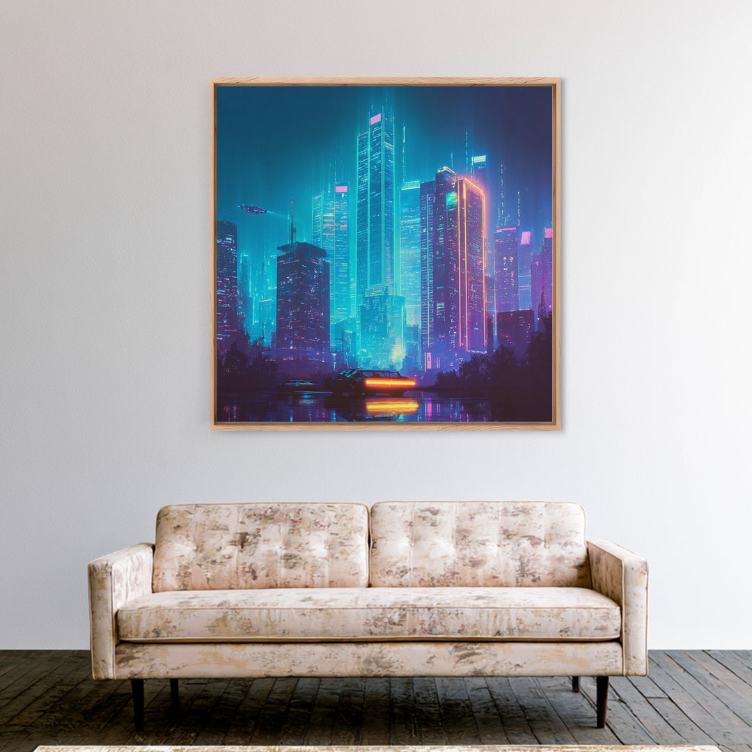 Cyberpunk Neon Cityscape At Night Wall Art, Futuristic Skyline Canvas Print, Retro Wave Room Decor, Gaming Home Decor