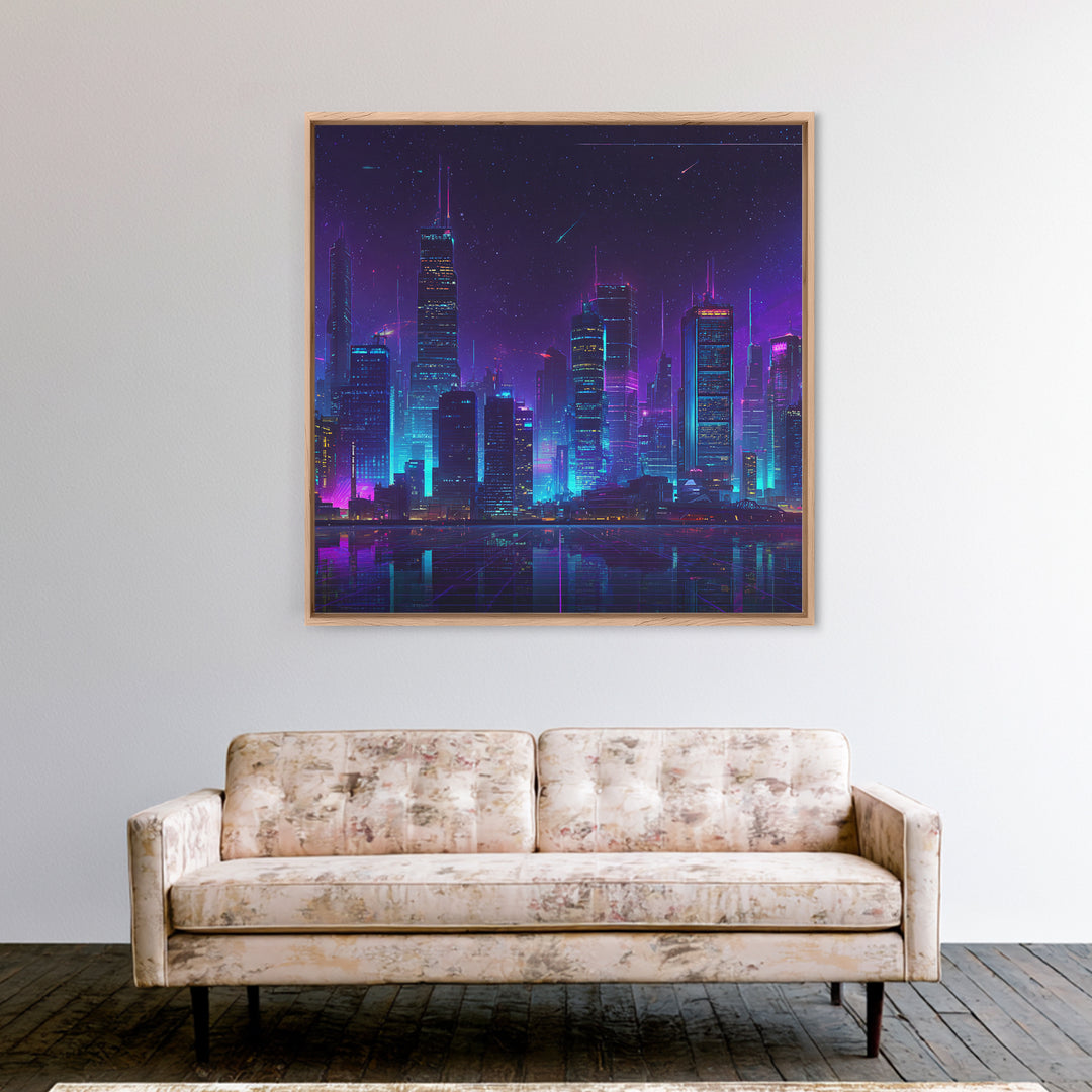 Neon Cyberpunk City Skyline Wall Art, Futuristic Nightscape Canvas Print, Sci Fi Gaming Room Decor, Vaporwave Wall Art