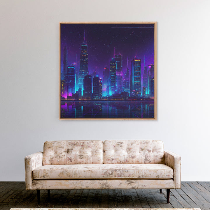 Neon Cyberpunk City Skyline Wall Art, Futuristic Nightscape Canvas Print, Sci Fi Gaming Room Decor, Vaporwave Wall Art