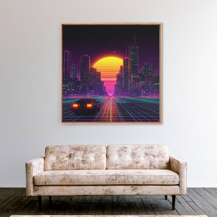 Retro Futuristic City Neon Sunset Car Driving 80s Vaporwave Wall Art Canvas Print Cyberpunk Decor Gaming Room Wall Art