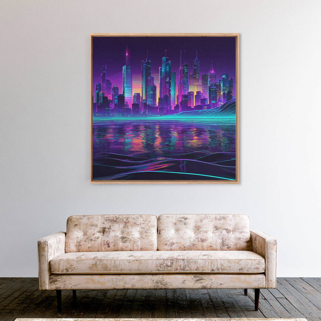 Neon Futuristic City Skyline At Night Wall Art Cyberpunk Landscape Canvas Print Modern Urban Home Decor Gaming Room Artwork
