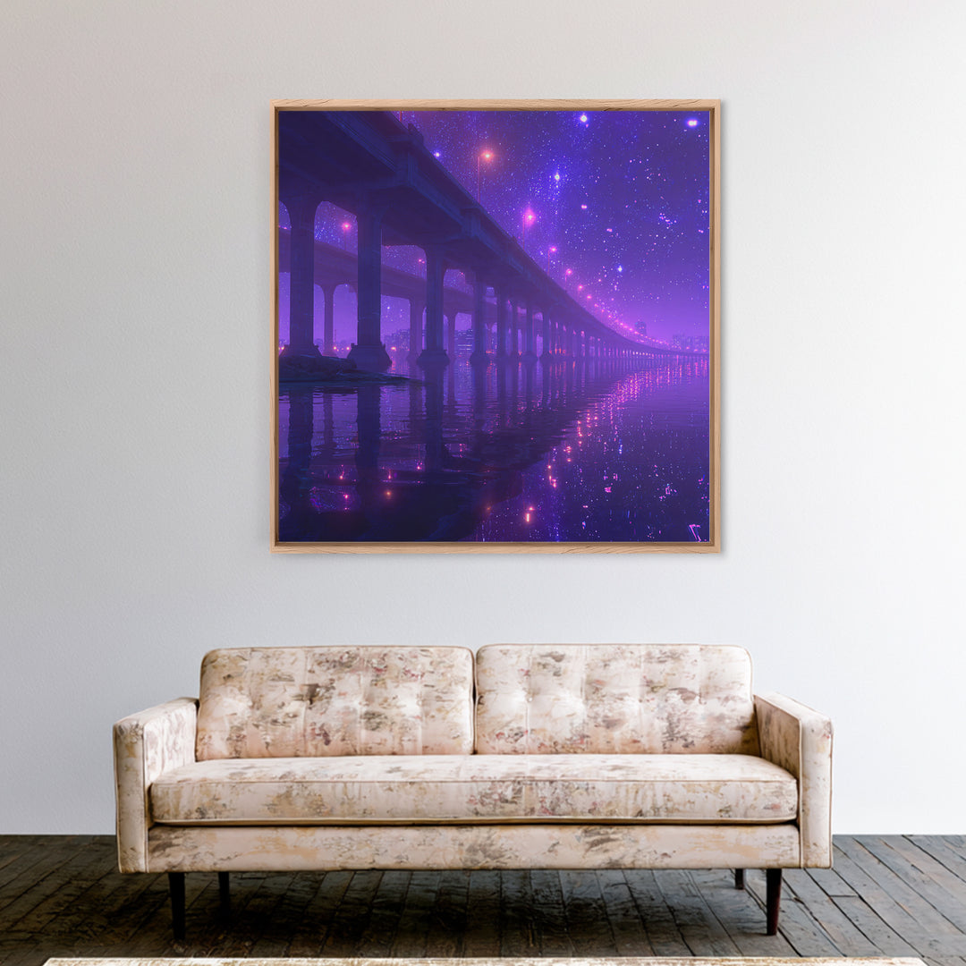 Neon Bridge At Night Over Water Wall Art, Dreamy Purple Cityscape Print, Modern Coastal Home Decor Canvas Print