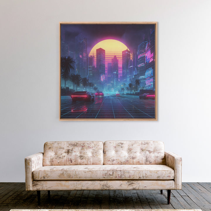 Neon Cyberpunk Cityscape With Retro Cars Wall Art Canvas Print, Futuristic Sci Fi Gaming Room Decor Modern Urban Art