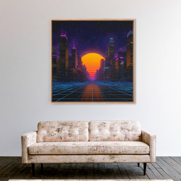 Neon City Sunset Retro Futuristic Wall Art, Cyberpunk Skyline Print, Synthwave Gaming Room Decor, Vibrant Sci Fi Living Room Wall Art