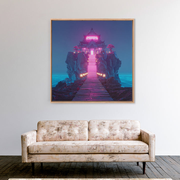 Neon Temple On Ocean Cliff Wall Art, Futuristic Fantasy Landscape Print, Surreal Zen Decor, Modern Home Decor Canvas Print