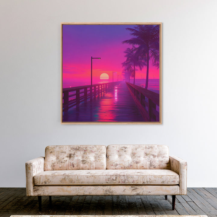 Neon Pier At Sunset With Palm Trees Wall Art, Vibrant Coastal Landscape Print, Retro Beach Home Decor Canvas Print