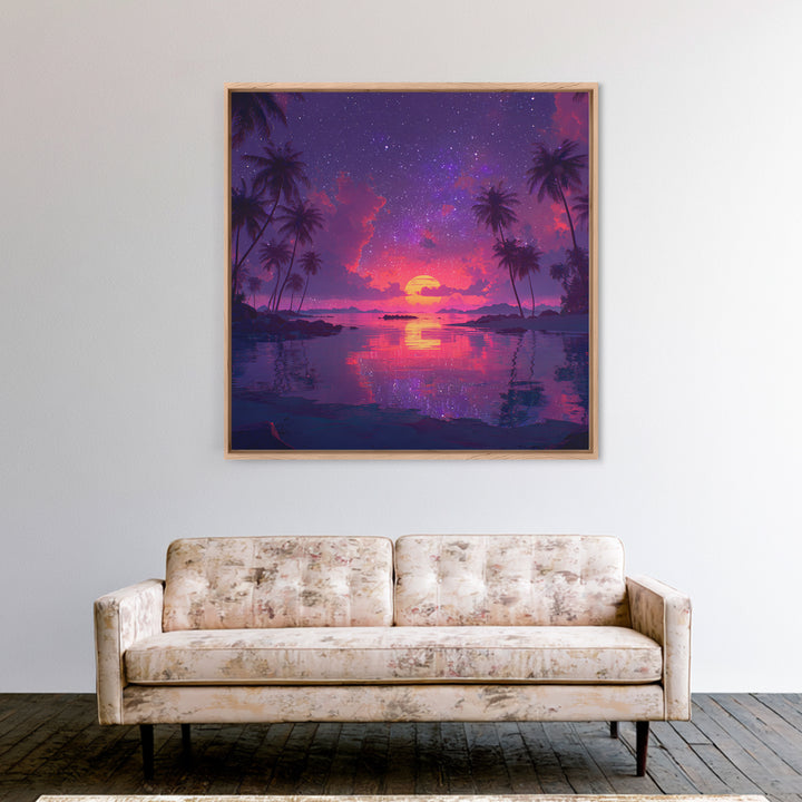 Starlit Tropical Lagoon Sunset Wall Art, Dreamy Pink Purple Coastal Landscape, Romantic Beach Canvas Print For Bedroom