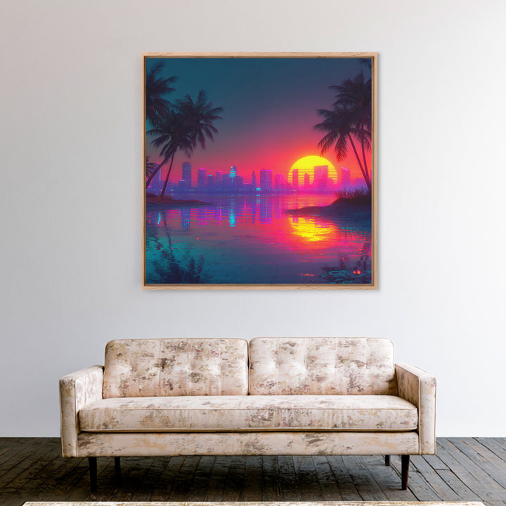 Retro Neon Beach Sunset City Skyline Wall Art Vaporwave Aesthetic Canvas Print Modern Coastal Wall Art Decor