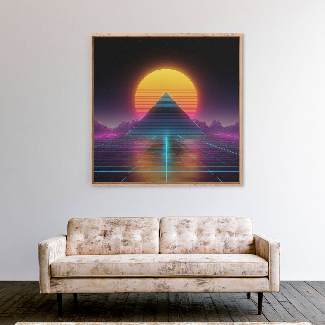 Retro Futuristic Pyramid Neon Sunset Landscape Wall Art Vaporwave Synthwave Painting Gaming Room Decor Canvas Print