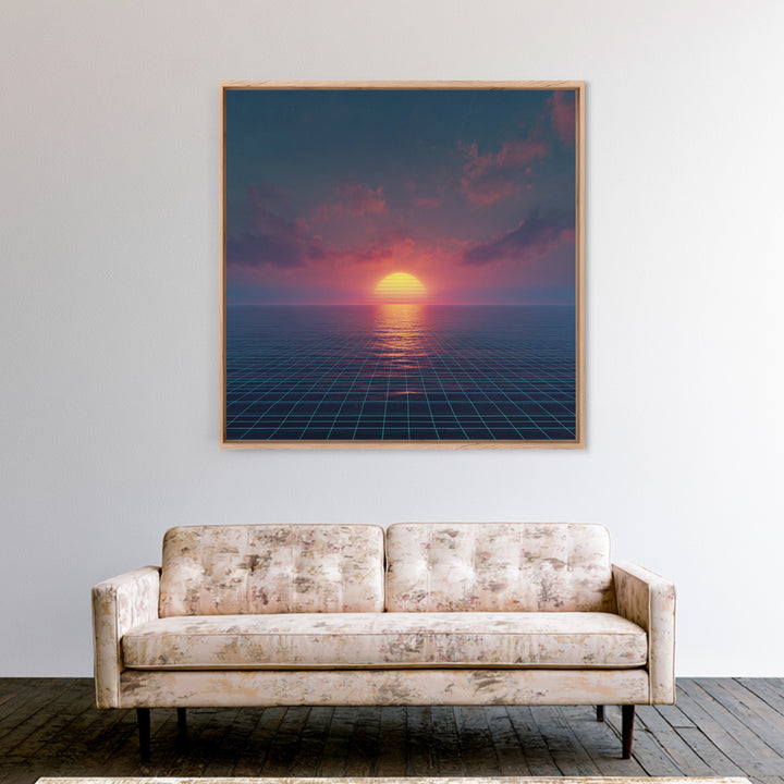 Neon Ocean Horizon Sunset Canvas Print, Retro Grid Seascape Wall Art, Futuristic Coastal Decor, Synthwave Bedroom Or Gaming Room Art