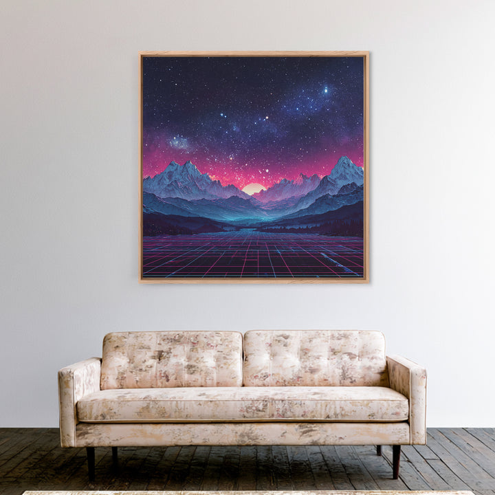 Neon Retro Mountains At Night Wall Art, Synthwave Landscape Print, Futuristic Gaming Room Decor, Vaporwave Aesthetic Wall Art