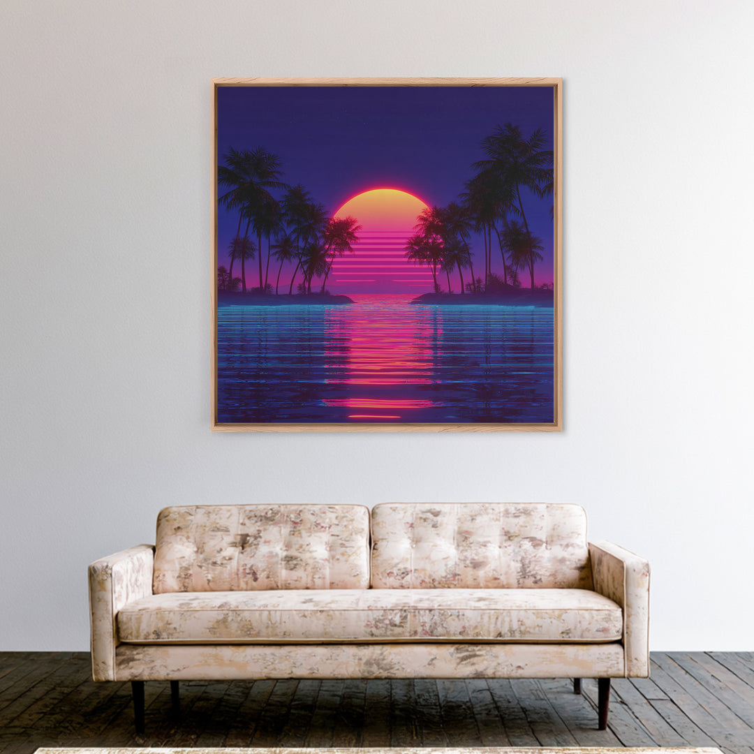 Retro Neon Island Sunset Wall Art, Synthwave Palm Tree Canvas Print, Vaporwave City Beach Decor, Futuristic Coastal Art
