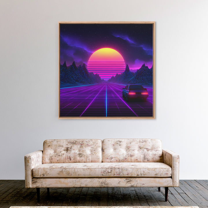 Neon Retro Highway Vaporwave Landscape Wall Art Canvas Print, Futuristic Sci Fi Gaming Room Decor Modern Abstract Art