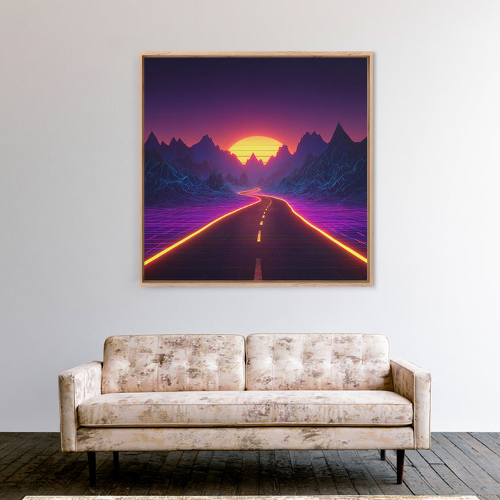Retro Futuristic Neon Road Wall Art, Synthwave Landscape Poster, Gaming Room Decor, Vibrant 80s Style Canvas Print