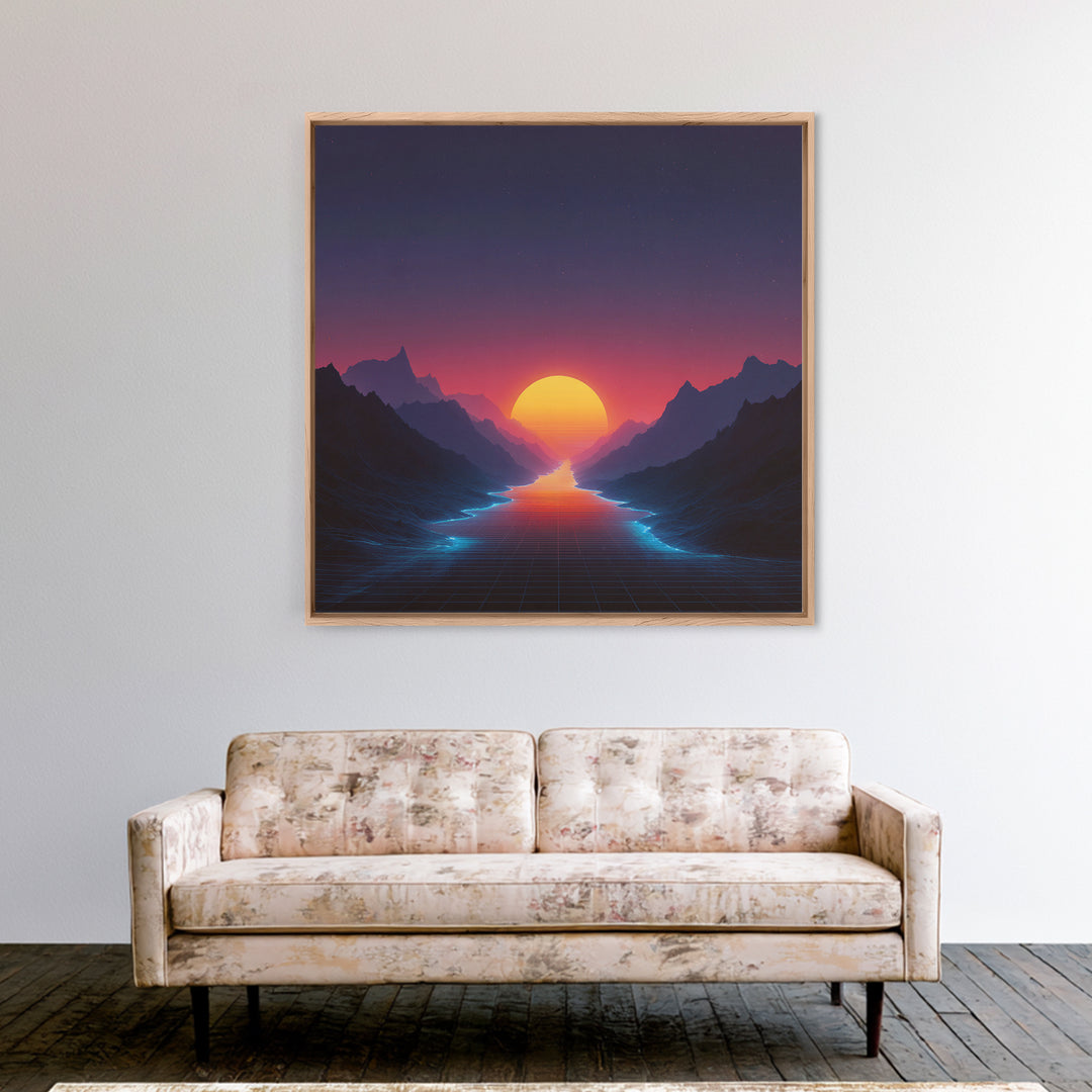 Retro Synthwave Sunset Over Neon River Wall Art, Futuristic 80s Vaporwave Landscape Canvas Print For Gaming Room