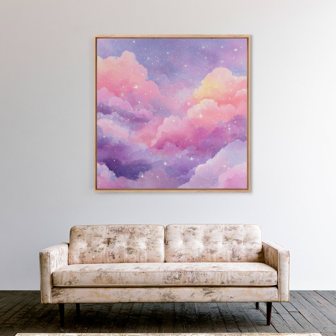 Pink Lavender Starry Clouds Wall Art, Pastel Celestial Canvas Print, Dreamy Nursery Decor, Girls Room Decor, Whimsical Art