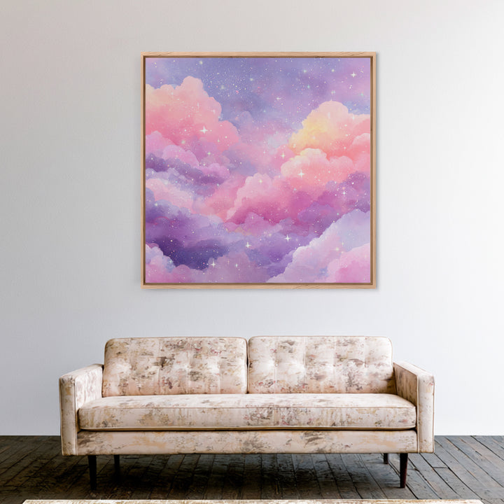 Pink Lavender Starry Clouds Wall Art, Pastel Celestial Canvas Print, Dreamy Nursery Decor, Girls Room Decor, Whimsical Art