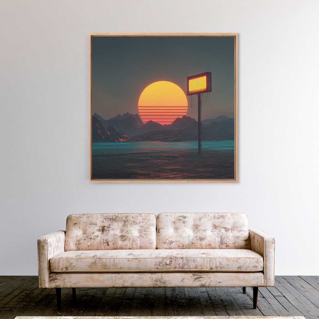 Futuristic Neon Sun Over Sci Fi Mountains Wall Art, Cyberpunk Landscape Home Decor, Retro Synthwave Canvas Print