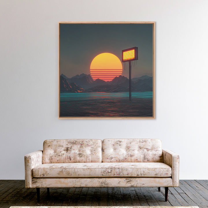 Futuristic Neon Sun Over Sci Fi Mountains Wall Art, Cyberpunk Landscape Home Decor, Retro Synthwave Canvas Print