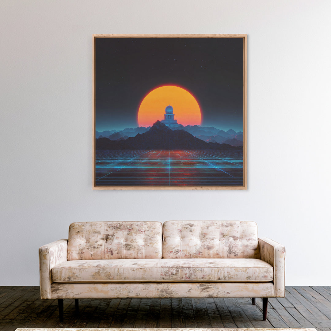 Sci Fi Observatory Sunset Landscape Wall Art, Retro Futuristic Mountains, Neon Synthwave Canvas Print Decor