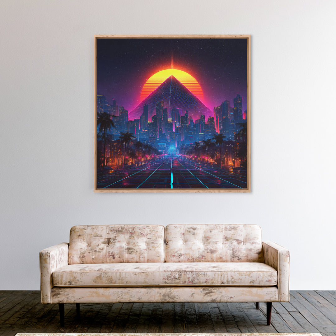 Retro Futuristic Neon City Pyramid Wall Art, Cyberpunk Sunset Canvas Print, Synthwave Gaming Room Decor, Sci Fi Art
