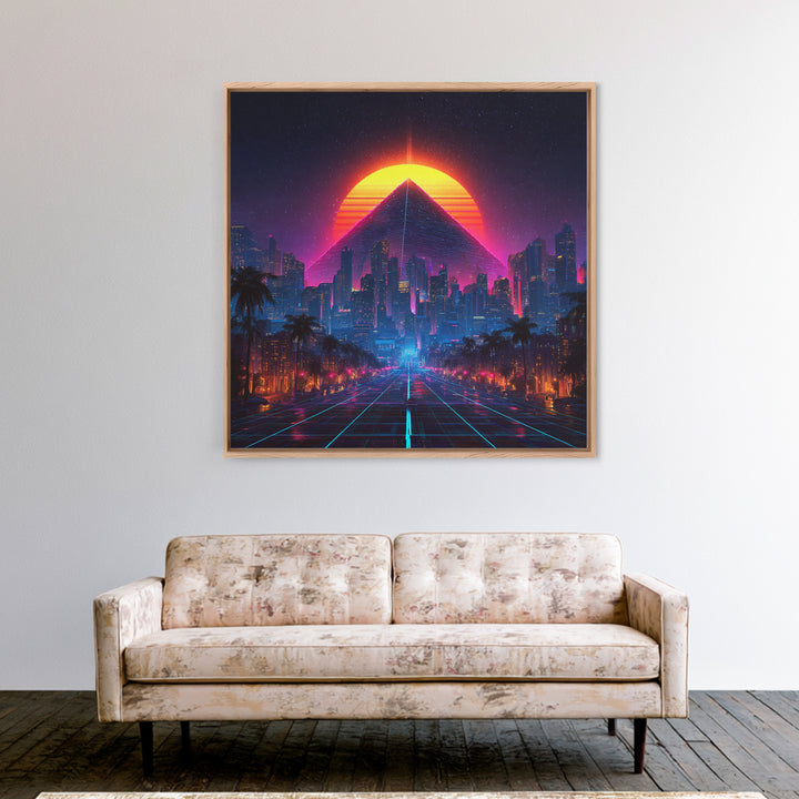 Retro Futuristic Neon City Pyramid Wall Art, Cyberpunk Sunset Canvas Print, Synthwave Gaming Room Decor, Sci Fi Art