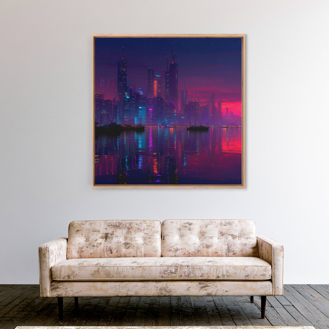 Cyberpunk Neon City Skyline Wall Art, Futuristic Night Harbor Canvas Print, Sci Fi Cityscape Decor, Gaming Room Modern Wall Art