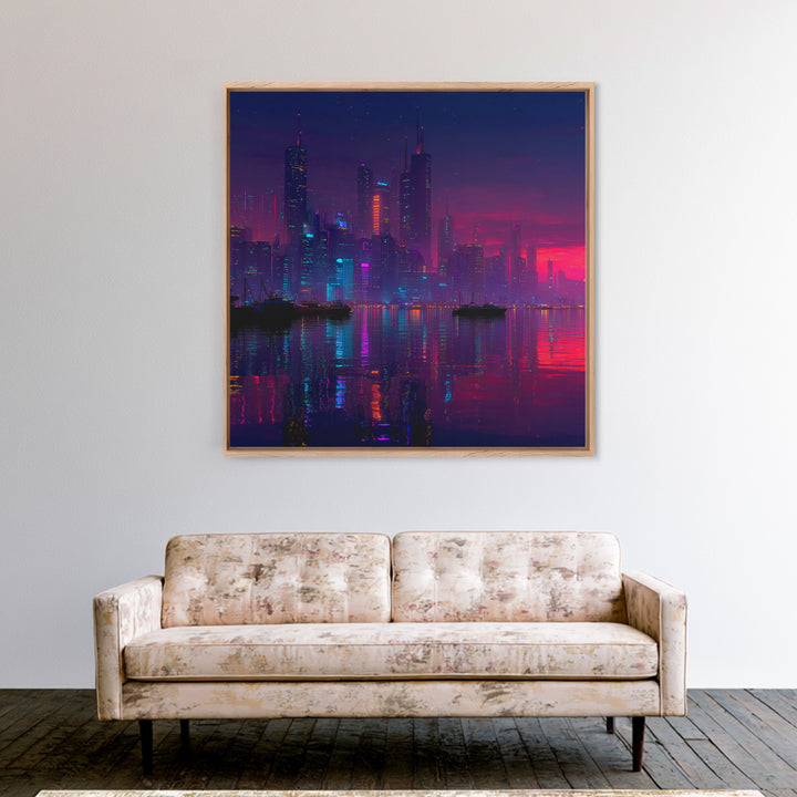 Cyberpunk Neon City Skyline Wall Art, Futuristic Night Harbor Canvas Print, Sci Fi Cityscape Decor, Gaming Room Modern Wall Art