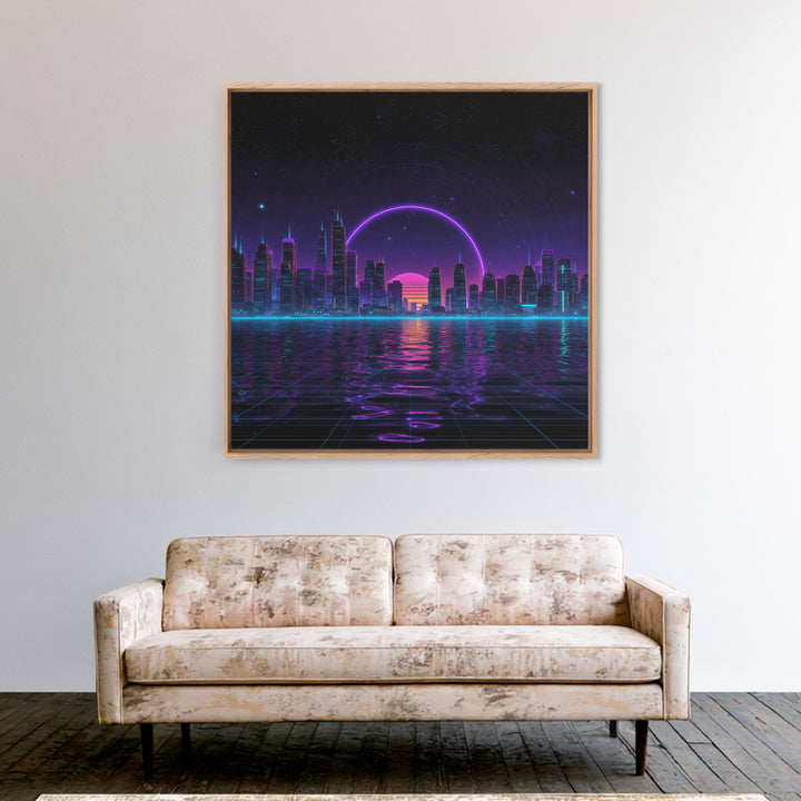 Neon City Skyline Over Water Retro Futuristic Wall Art Vaporwave Cityscape Canvas Print Gaming Room Decor