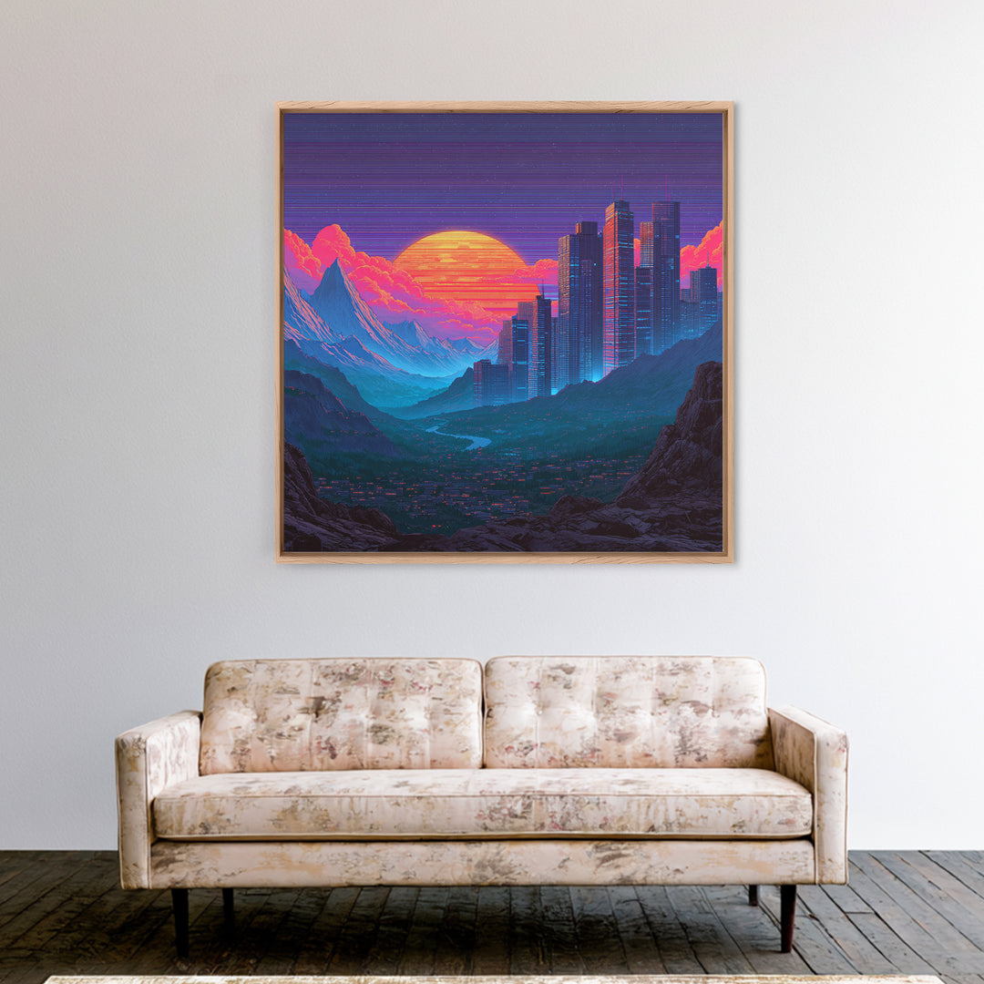 Cyberpunk City Neon Sunset Landscape Wall Art Futuristic Skyline Painting Gaming Room Decor Modern Wall Art Canvas Print