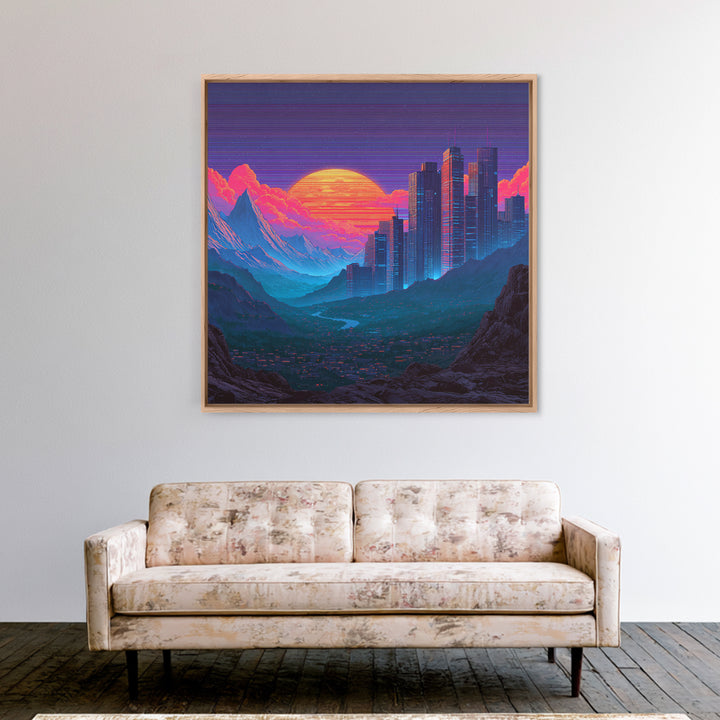 Cyberpunk City Neon Sunset Landscape Wall Art Futuristic Skyline Painting Gaming Room Decor Modern Wall Art Canvas Print