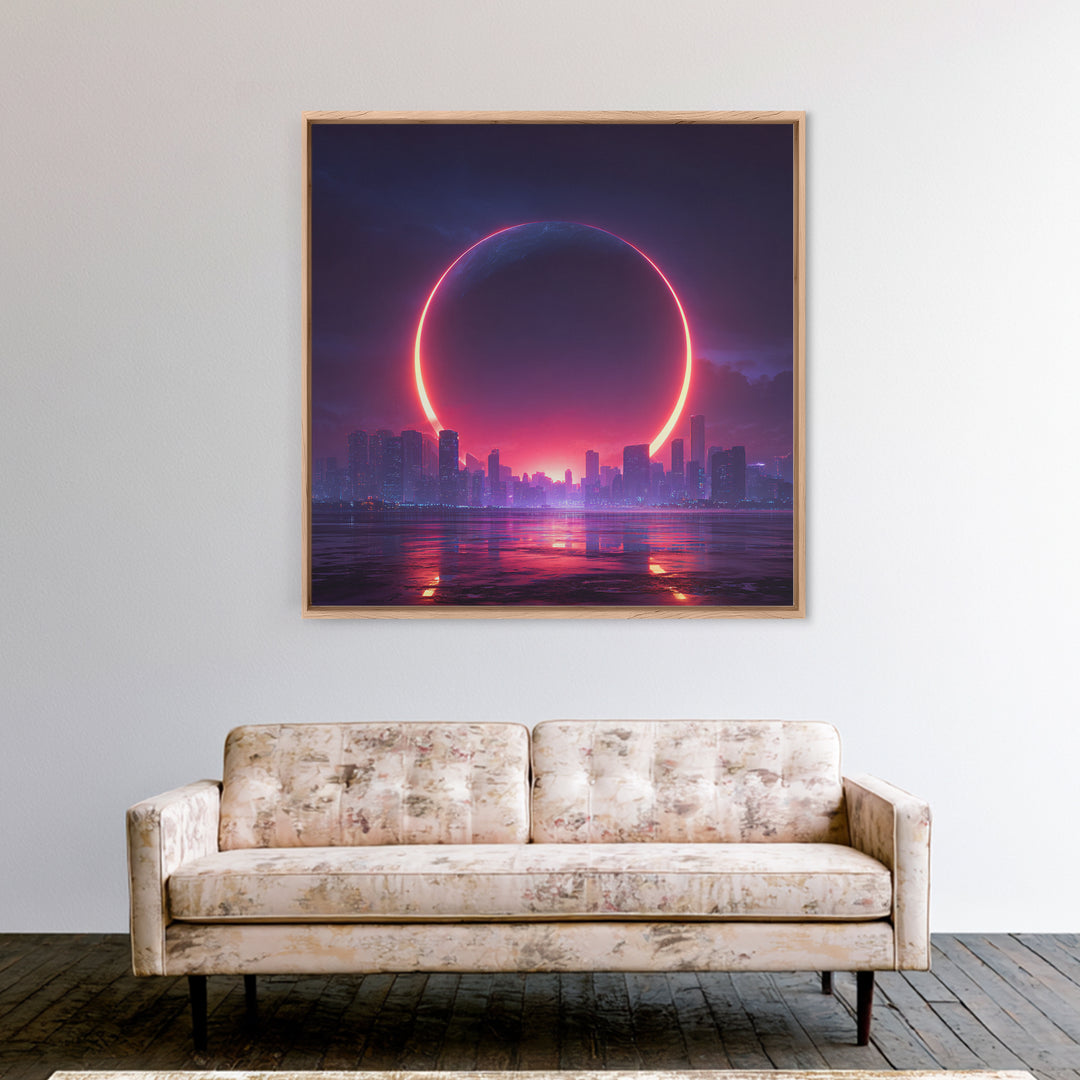 Futuristic Eclipse Cityscape Canvas Print, Neon Sci Fi Wall Art, Cyberpunk Skyline Decor For Gaming Room Or Modern Office