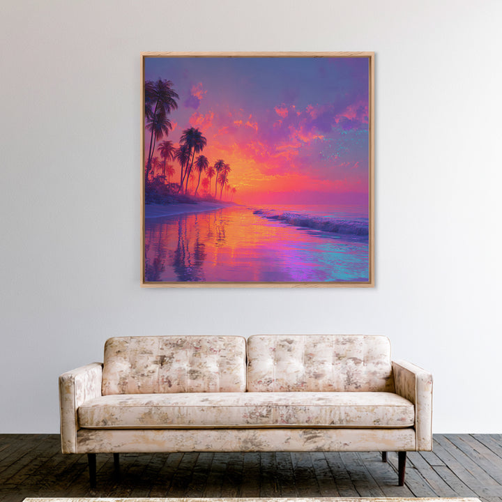 Dreamy Tropical Sunset Beach Wall Art, Colorful Coastal Ocean Canvas Print, Beach House Decor, Modern Coastal Art Print