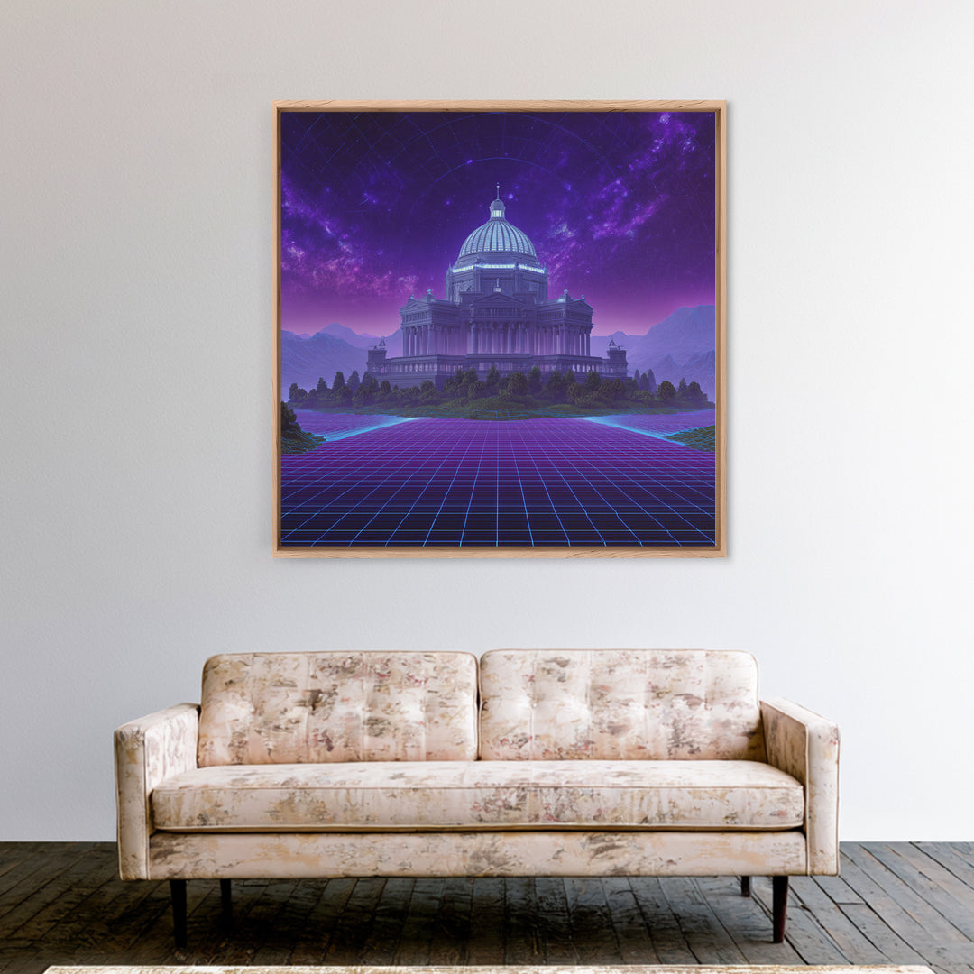 Retro Futuristic Palace Under Stars Wall Art, Neon Sci Fi Cityscape Canvas Print, Cyberpunk Gaming Room Decor