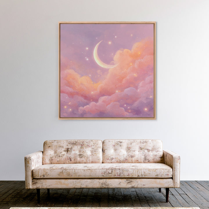 Soft Crescent Moon In Peach Clouds Canvas Print, Celestial Wall Art, Romantic Bedroom Decor, Calming Nursery Art, Cozy Wall Decor