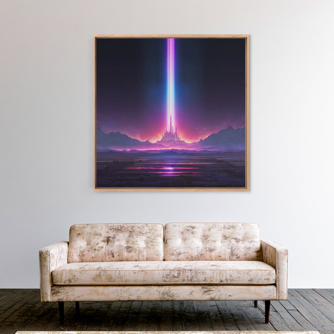 Futuristic Neon City With Beams Of Light Wall Art Canvas Print Modern Sci Fi Decor For Living Room