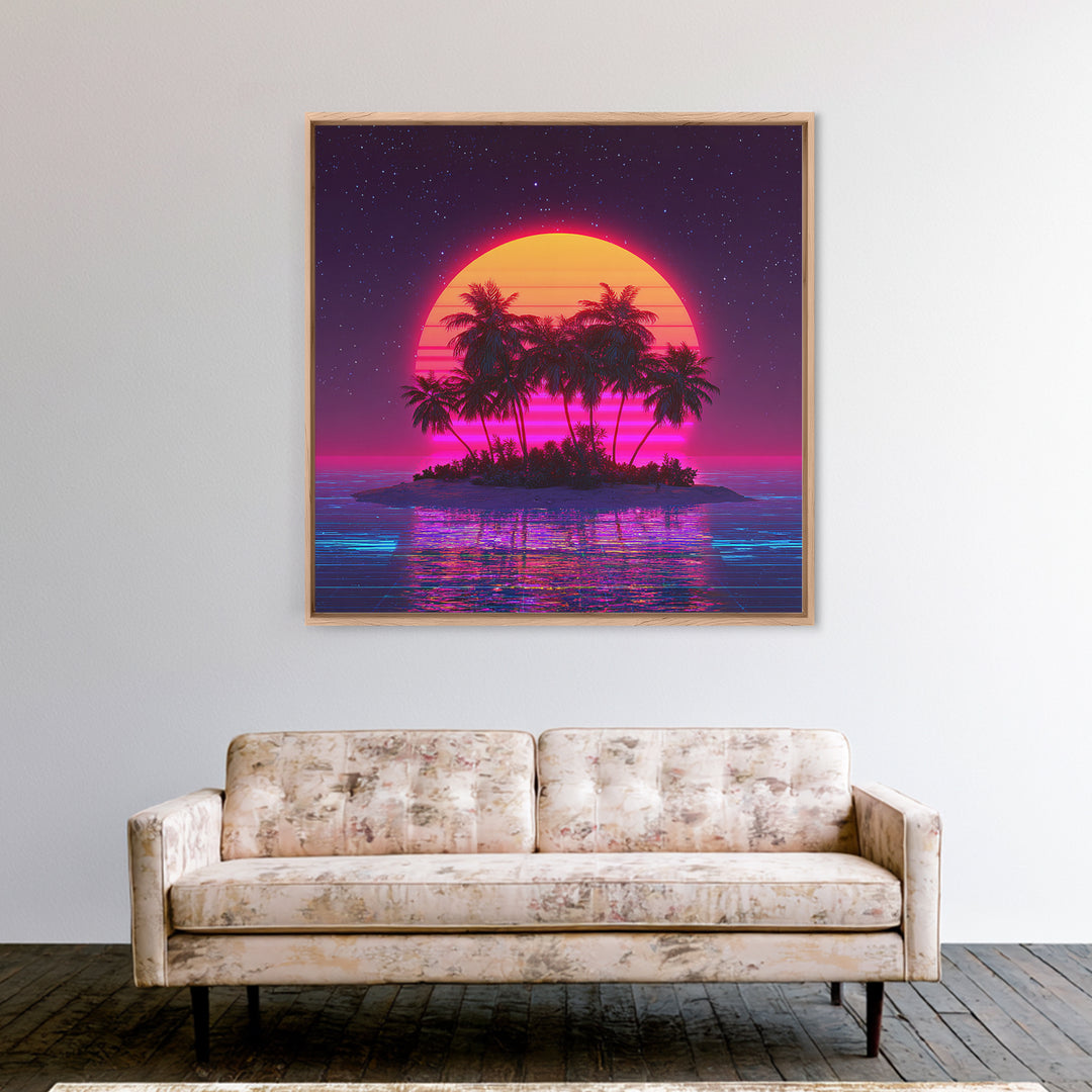 Retro Vaporwave Palm Island Wall Art, Neon Ocean Sunset Canvas Print, Aesthetic 80s Coastal Decor, Gaming Room Modern Wall Art
