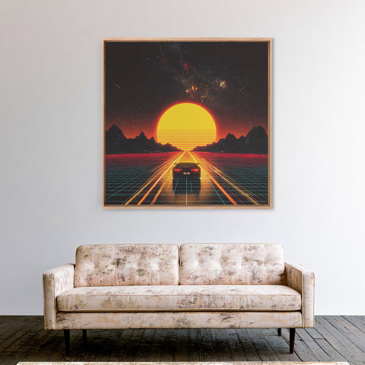 Retro Futuristic Car Road To Giant Neon Sun Wall Art, Synthwave Grid Landscape Canvas Print