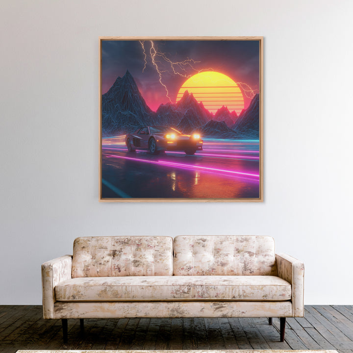 Retro Sports Car In Neon Sunset Mountains Wall Art, Cyberpunk Cityscape Canvas Print, Futuristic Gaming Room Decor