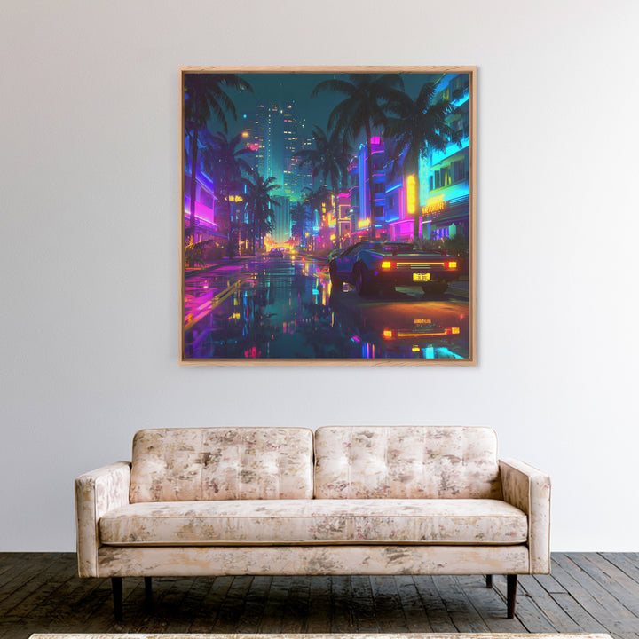Neon Retro Futuristic City Street Wall Art, Cyberpunk Car Night Cityscape Print, Gaming Room Decor Canvas Print