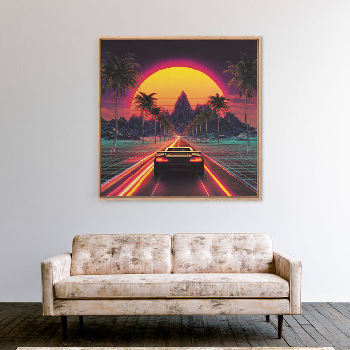 Retro Synthwave Sunset Car Wall Art Canvas Print, Neon Cityscape Art, 80s Vaporwave Decor, Gaming Room Wall Art