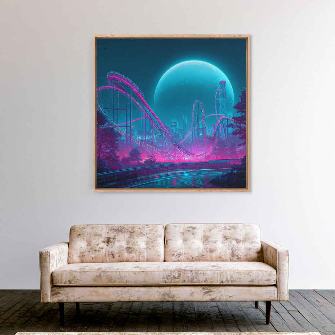 Neon Roller Coaster Under Full Moon Wall Art, Futuristic Night Amusement Park Canvas Print, Cyberpunk Gaming Decor