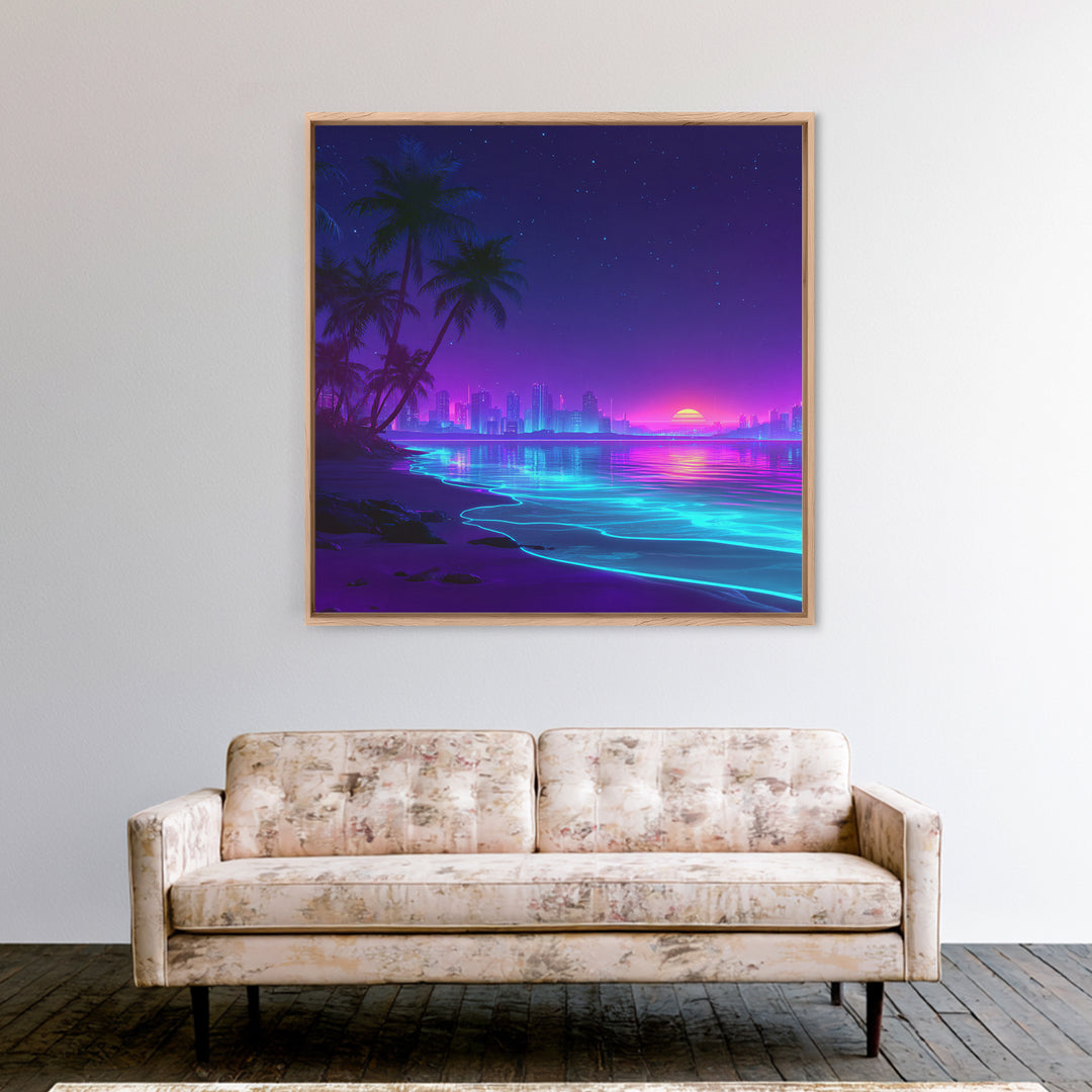 Neon City Beach Sunset Wall Art, Retro Futuristic Coastal Landscape Canvas Print, Modern Coastal Home Decor