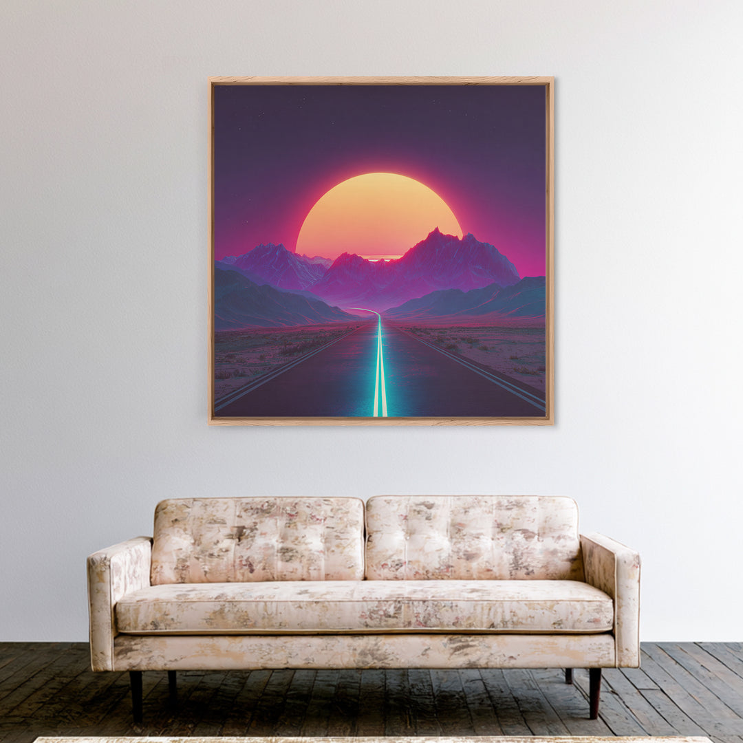 Neon Sunset Mountain Road Wall Art, Retro Futuristic Landscape Canvas Print, Cyberpunk Space Art For Gaming Room And Modern Home Decor