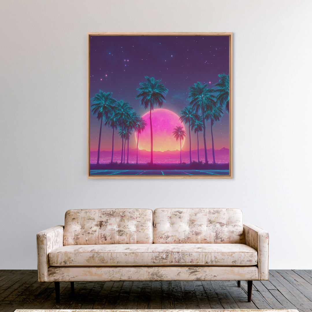 Vibrant Neon Cityscape With Palm Trees And Pink Moon Night Sky Futuristic Wall Art Framed Canvas Print For Living Room